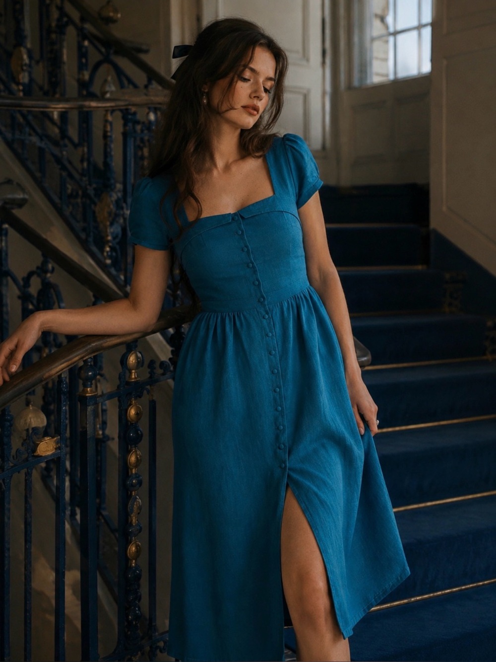 Gaâla Paris Estelle 100% Linen Midi Dress Blue Size 42